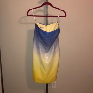 Blue and yellow sequin strapless ombré dress NWOT